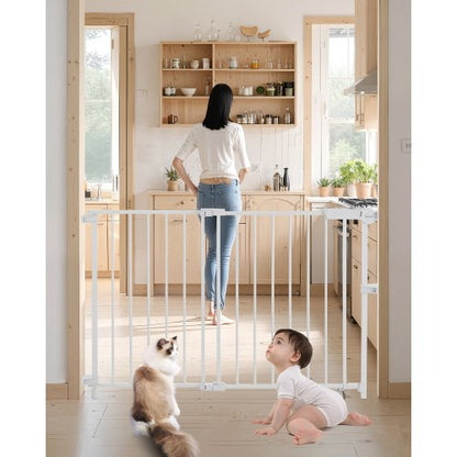 Baby Gate, 29.5-43 Inches Adjustable Width, 28 Inches High Dog Gate, No Threshold Bar, Easy Step Walk Thru, for Child Pet Security, with Screws, One-Hand Open, for Stairs and Doorways, White