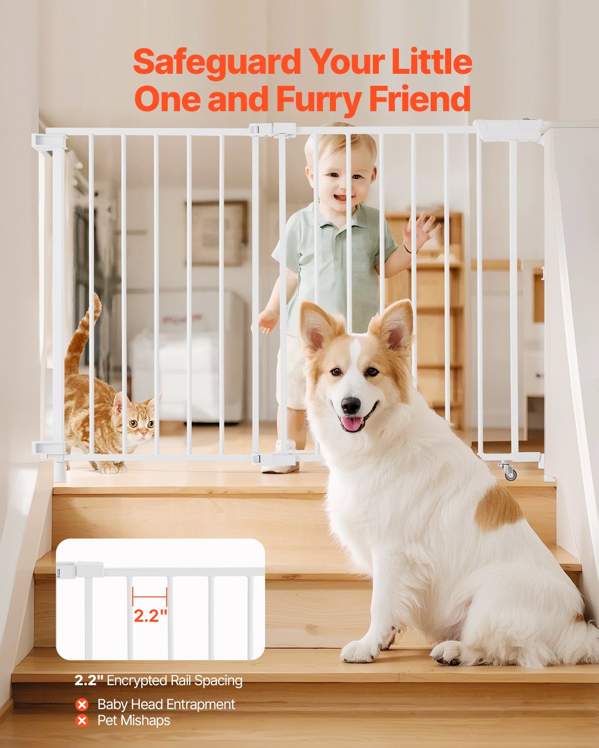 Baby Gate, 29.5-43 Inches Adjustable Width, 28 Inches High Dog Gate, No Threshold Bar, Easy Step Walk Thru, for Child Pet Security, with Screws, One-Hand Open, for Stairs and Doorways, White