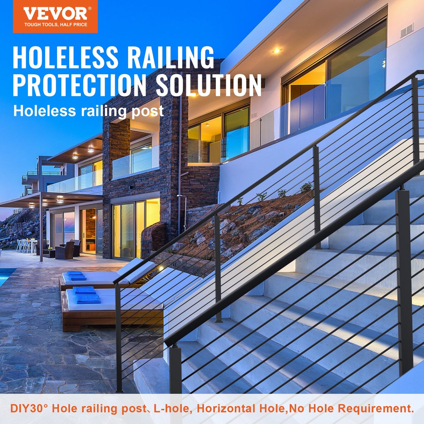 Cable Rail Post, 42 x 1.97 x 1.97", Level Deck Stair Post, Cable Handrail Post Stainless Steel Brushed Finishing Deck Railing DIY Picket Without Hole Stair Railing Kit With Mount Bracket Black