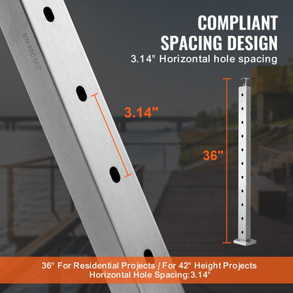 Cable Railing Post, 36" x 1" x 2" Steel Horizontal Hole Deck Railing Post, 11 Pre-Drilled Holes, SUS304 Stainless Steel Cable Rail Post with Horizontal and Curved Bracket, LGZYY91.42.551C3JV0
