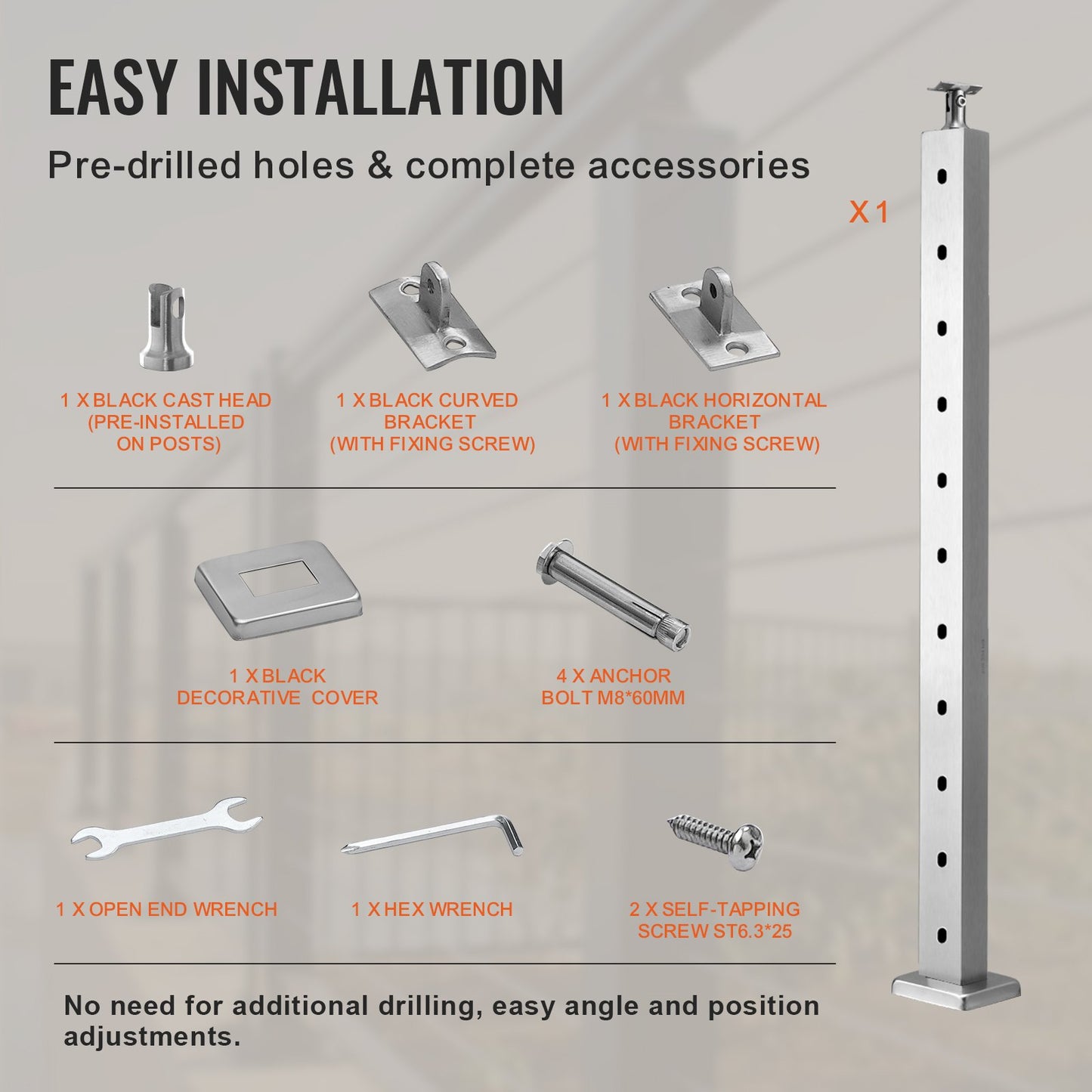 Cable Railing Post, 36" x 1" x 2" Steel Horizontal Hole Deck Railing Post, 11 Pre-Drilled Holes, SUS304 Stainless Steel Cable Rail Post with Horizontal and Curved Bracket, LGZYY91.42.551C3JV0