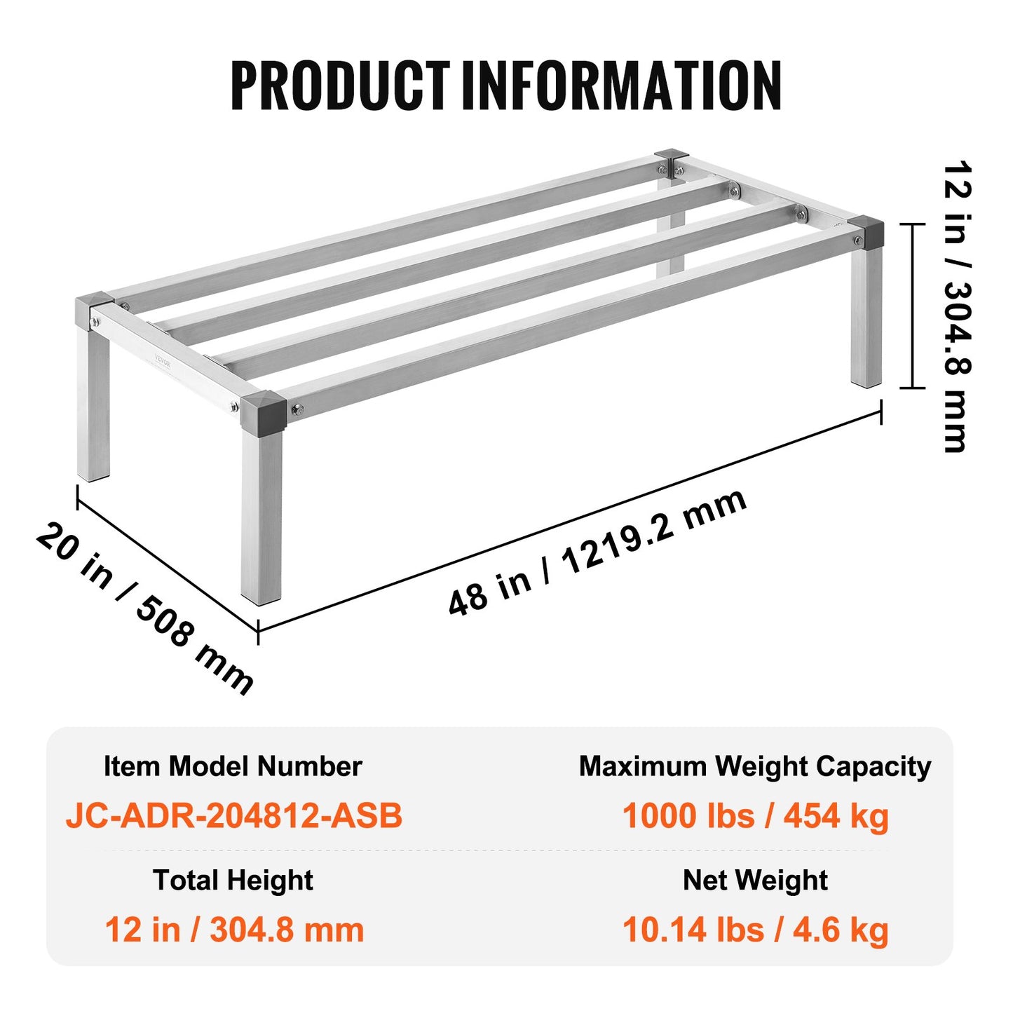 Aluminum Dunnage Rack, 48” x 20” Commercial Food Floor Rack, 12” Off the Floor, 1000 lbs Capacity All-Welded Aluminum Storage Rack, for Storage in Restaurants, Kitchens, Garages and Vehicles