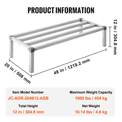 Aluminum Dunnage Rack, 48” x 20” Commercial Food Floor Rack, 12” Off the Floor, 1000 lbs Capacity All-Welded Aluminum Storage Rack, for Storage in Restaurants, Kitchens, Garages and Vehicles