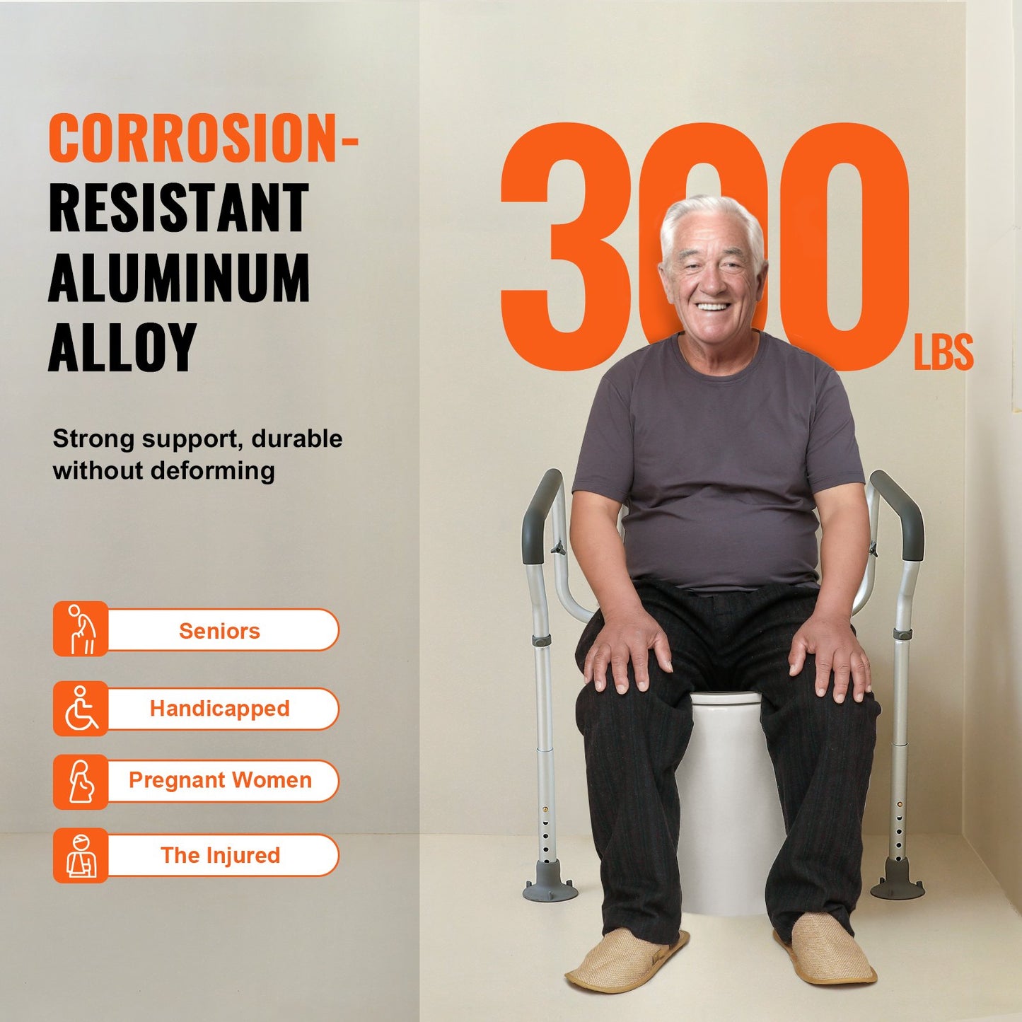 Toalettstång, toalettsitsram, justerbar bredd och höjd, passar de flesta toaletter, stöder 136 kg, toaletthandtag med vadderade armstöd för handikappade, funktionshindrade, seniorer