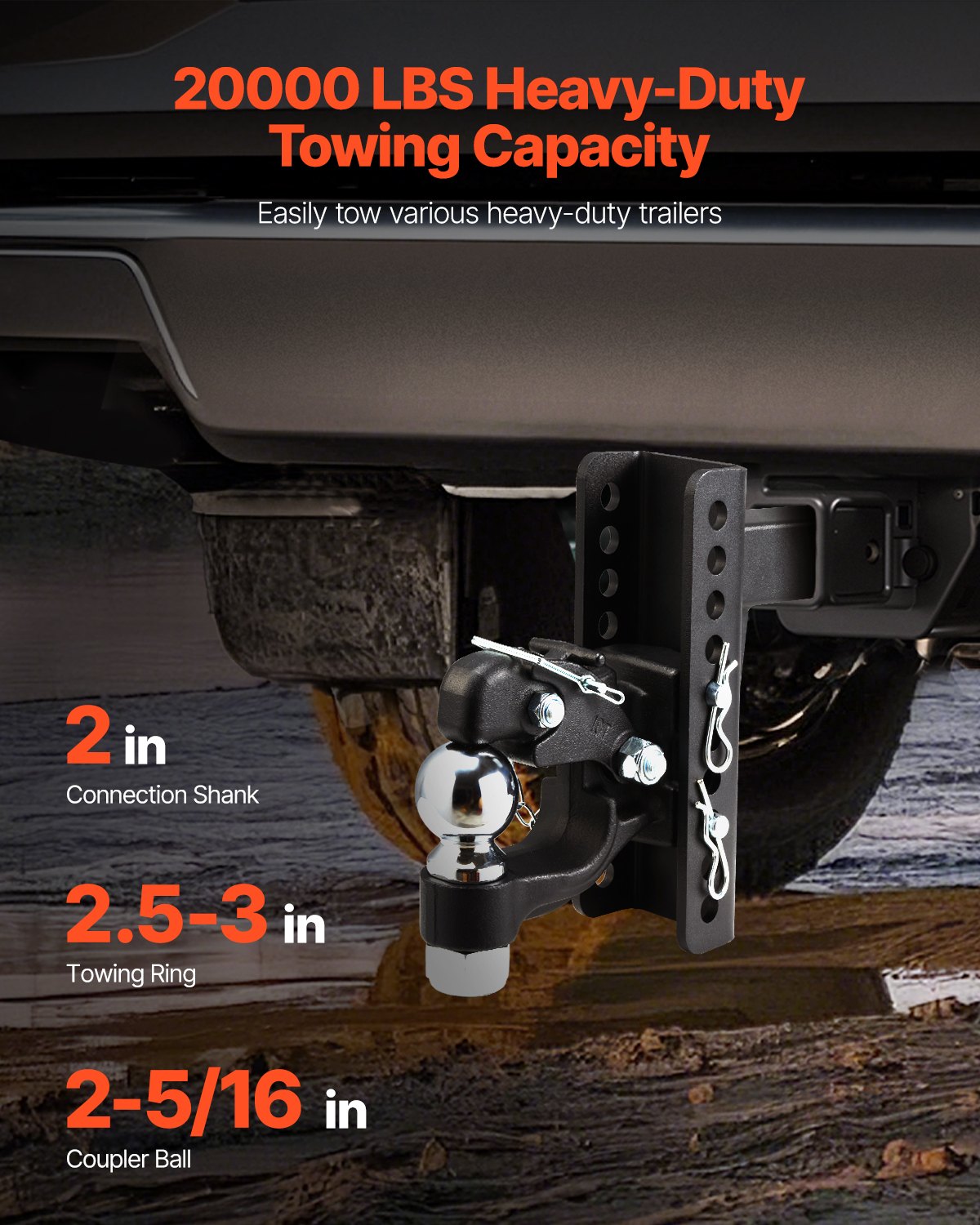 Justerbar dragkrok, 9000 kg, Dragkrok för 2-tums dragkrok, militär mottagare, kombination av 2-5/16-tums dragkula, passar 2,5 till 3-tums lunettring, 15 cm sänkning, svart pulverlackering