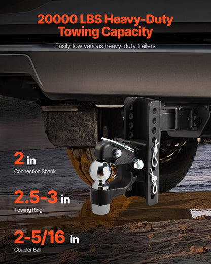 Justerbar dragkrok, 9000 kg, Dragkrok för 2-tums dragkrok, militär mottagare, kombination av 2-5/16-tums dragkula, passar 2,5 till 3-tums lunettring, 15 cm sänkning, svart pulverlackering