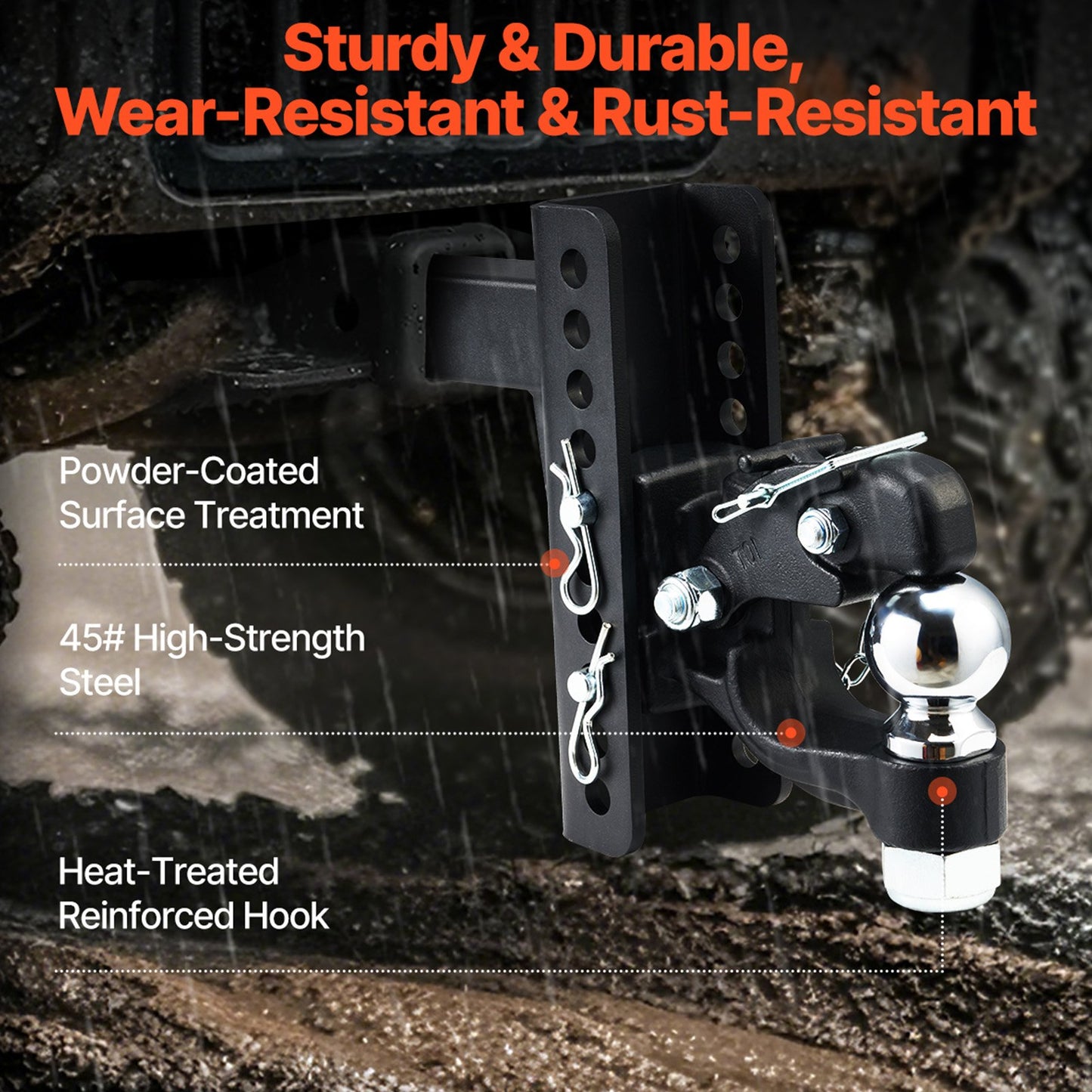 Justerbar dragkrok, 9000 kg, Dragkrok för 2-tums dragkrok, militär mottagare, kombination av 2-5/16-tums dragkula, passar 2,5 till 3-tums lunettring, 15 cm sänkning, svart pulverlackering