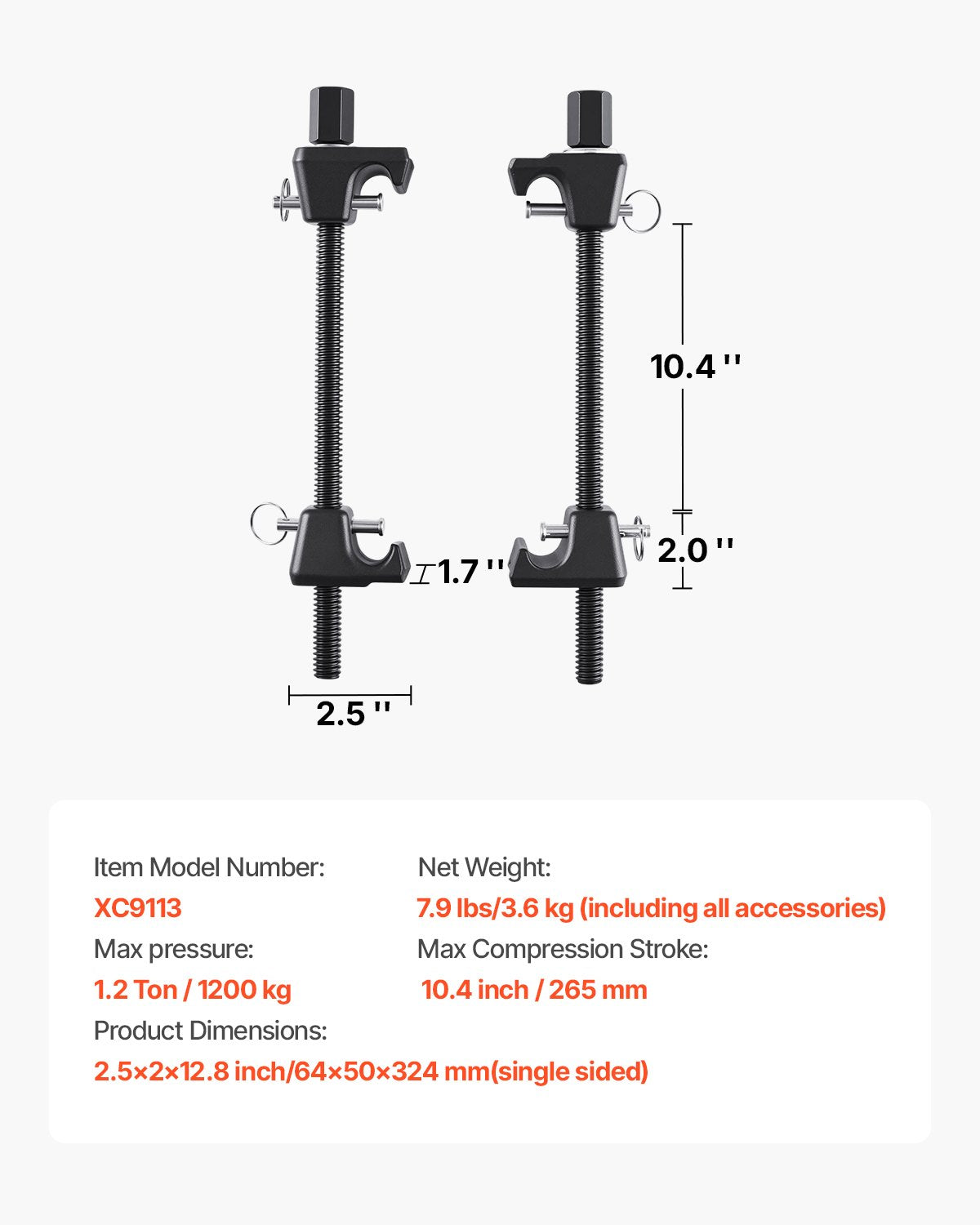 Strut Spring Compressor, 2 Pack, Heavy Duty Coil Spring Compressor Tool with 10.4 Inches(256 mm) Range, Compatible with 0.86 inches(22 mm) Hex Sockets, Fit for Car Truck Motorcycle, Black