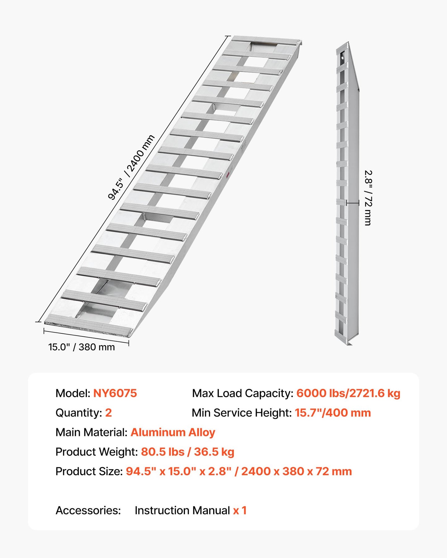 Lastramper, 2 st 2400 x 380 mm, slitstarkt aluminium- och kraftigt släpvagnsrampset med halkskydd, 2721,6 kg kombinerad kapacitet, för vagnar, jordbrukstraktorer, fyrhjulingar, gräsklippare, motorcyklar