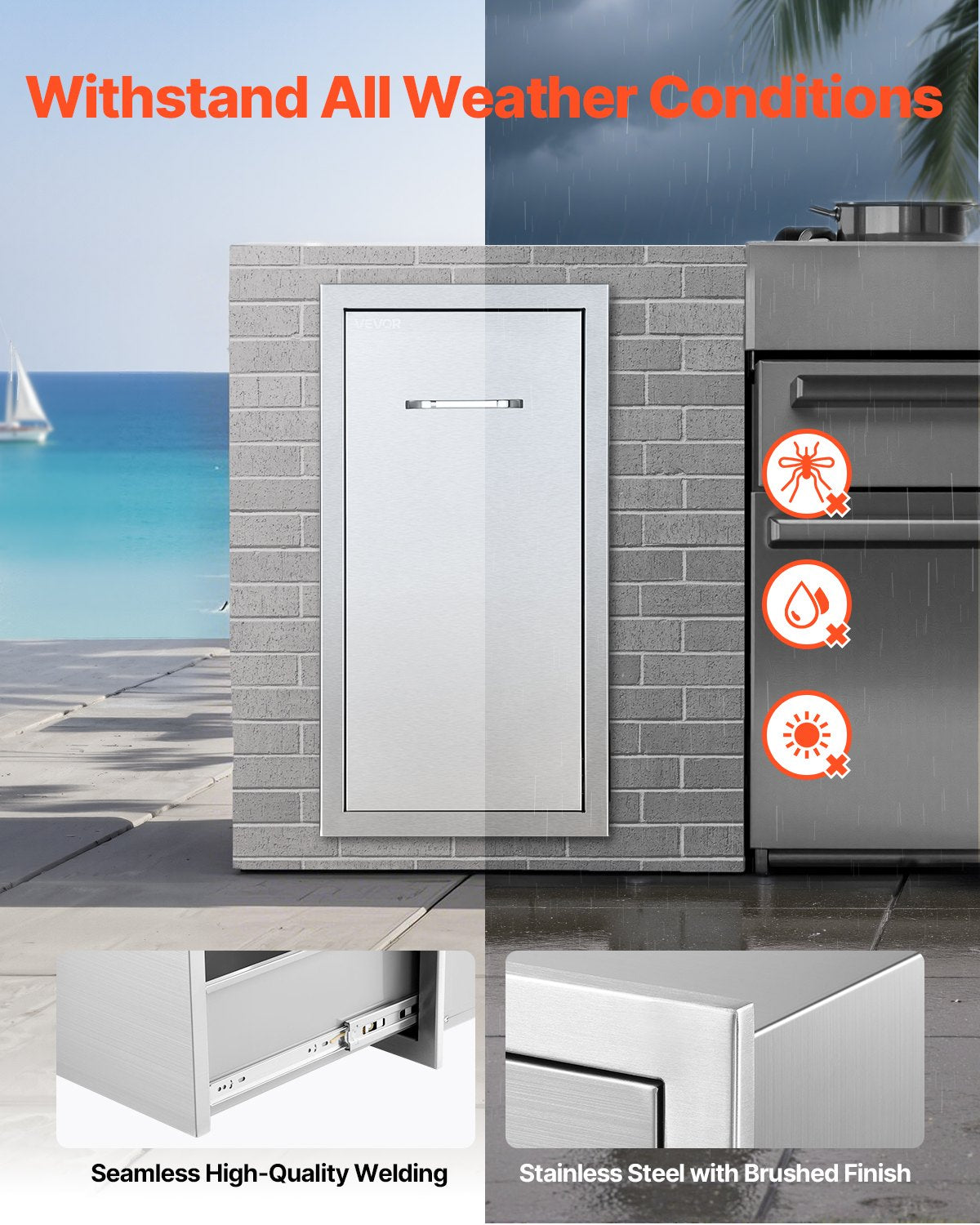 Outdoor Kitchen Trash Drawer, 13.54"W x 19.61"D x 25.79"H Interior Storage, Multi-Purpose Outdoor Kitchen Drawers Stainless Steel, 55 lbs Max Capacity per Tier, for Outdoors BBQ Island Kitchens