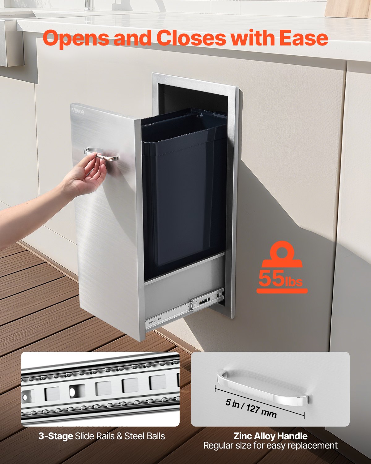 Outdoor Kitchen Trash Drawer, 13.54"W x 19.61"D x 25.79"H Interior Storage, Multi-Purpose Outdoor Kitchen Drawers Stainless Steel, 55 lbs Max Capacity per Tier, for Outdoors BBQ Island Kitchens