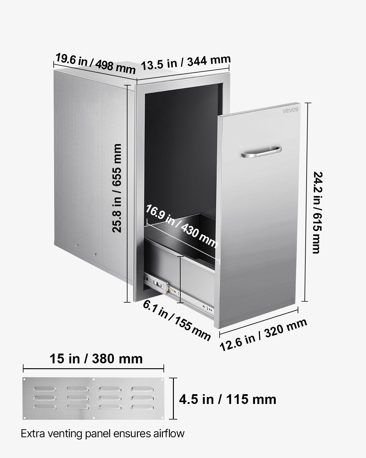 Outdoor Kitchen Trash Drawer, 13.54"W x 19.61"D x 25.79"H Interior Storage, Multi-Purpose Outdoor Kitchen Drawers Stainless Steel, 55 lbs Max Capacity per Tier, for Outdoors BBQ Island Kitchens