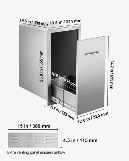 Outdoor Kitchen Trash Drawer, 13.54"W x 19.61"D x 25.79"H Interior Storage, Multi-Purpose Outdoor Kitchen Drawers Stainless Steel, 55 lbs Max Capacity per Tier, for Outdoors BBQ Island Kitchens