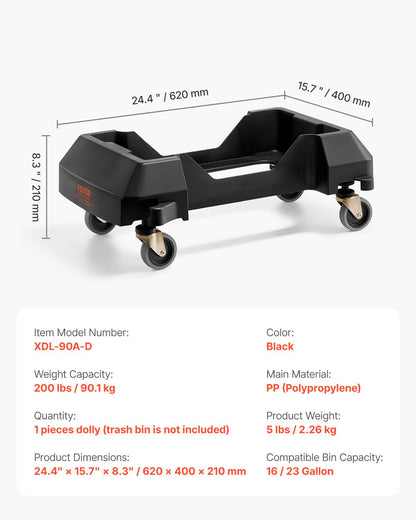 Trash Can Dolly, Fit 16/23 Gallon Containers, Slim Trash Can Roller Base with 4 Lockable Wheels, 200lbs Weight Capacity, Heavy Duty Barrel Dolly, Smooth & Quiet Rolling Plastic Bin Dolly