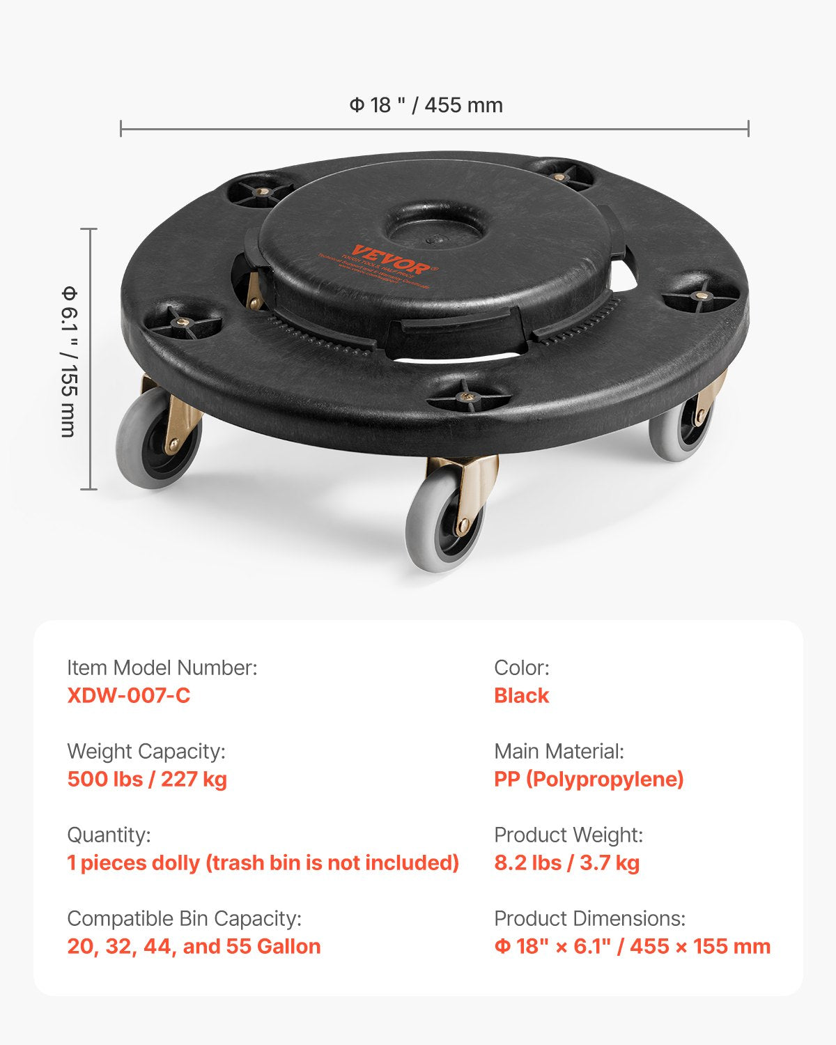 Trash Can Dolly, Fit 20, 32, 44, 55 Gallon Containers, Round Trash Can Roller Base with 4 Lockable Wheels, 500lbs Weight Capacity, Heavy Duty Barrel Dolly, Multi-Functional Rolling Dolly Cart