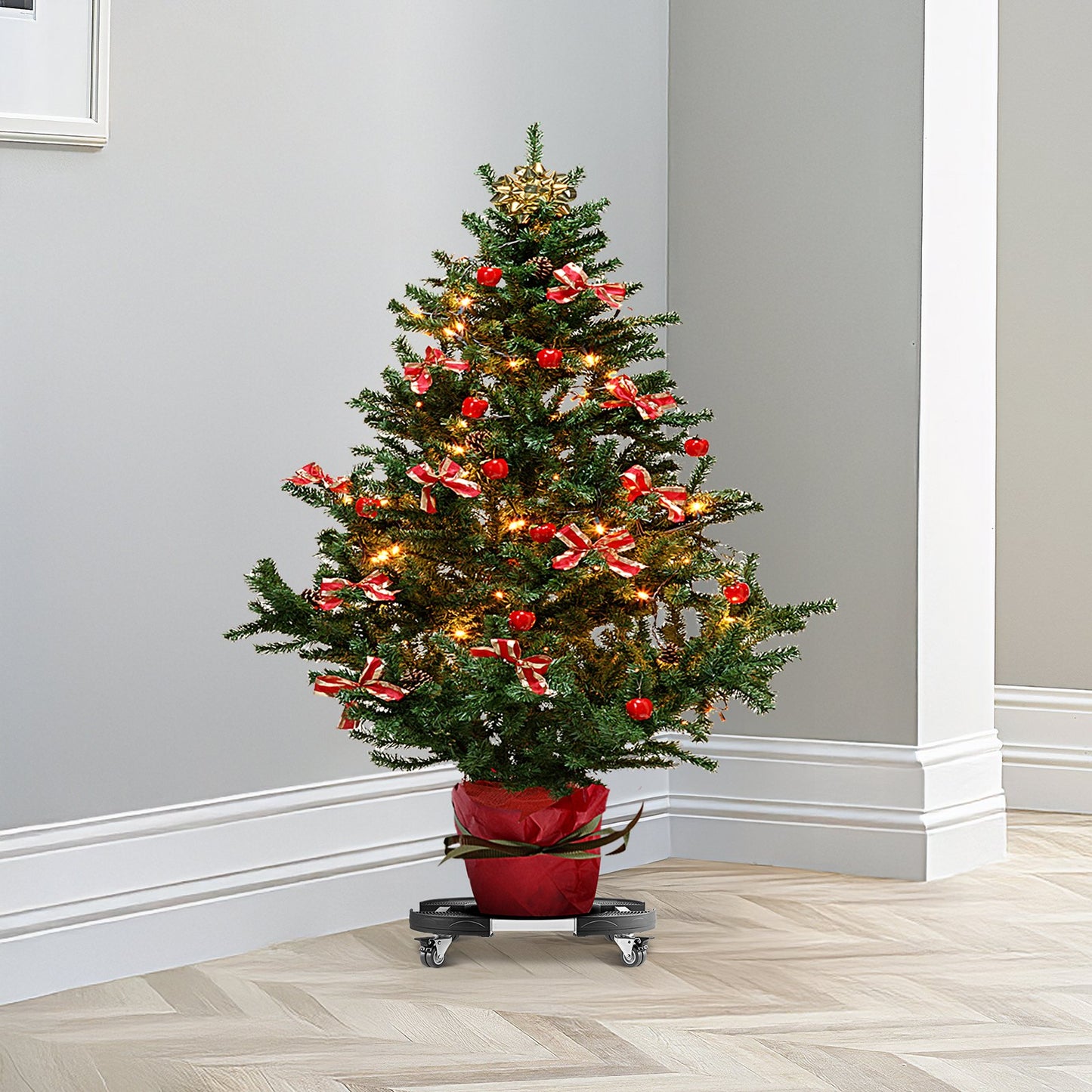 Trash Can Dolly with 4 Lockable Wheels, 440lbs Weight Capacity, 2 Packs Round Trash Can Roller Base, 15-22.8 in Adjustable, Heavy Duty Plant Caddy, Multi-Functional Rolling Dolly Cart, Black