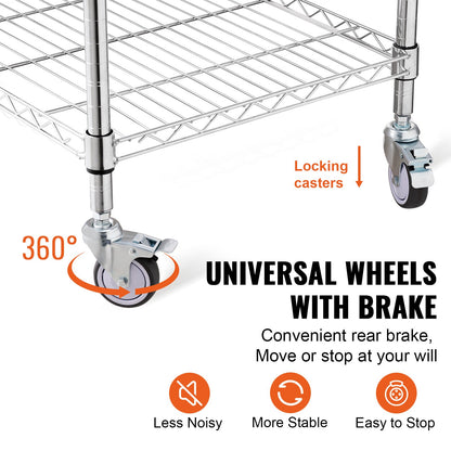 Kitchen Utility Cart, 3 Tiers, Wire Rolling Cart with 470LBS Capacity, Steel Service Cart on Wheels, Metal Storage Trolley with 76mm Basket Curved Handle PP Liner 6 Hooks, for Indoor and Outdoor
