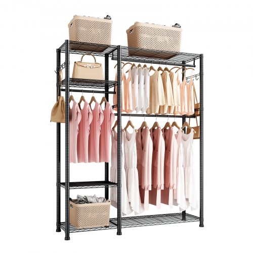 Clothing Garment Rack, Heavy Duty Clothes Rack, 6 Adjustable Tiers Clothes Racks with Steel Frame, 363 kg Load Capacity Closet Wardrobe with 3 Hanging Rods for Bedroom, Clothing Store, Hallway