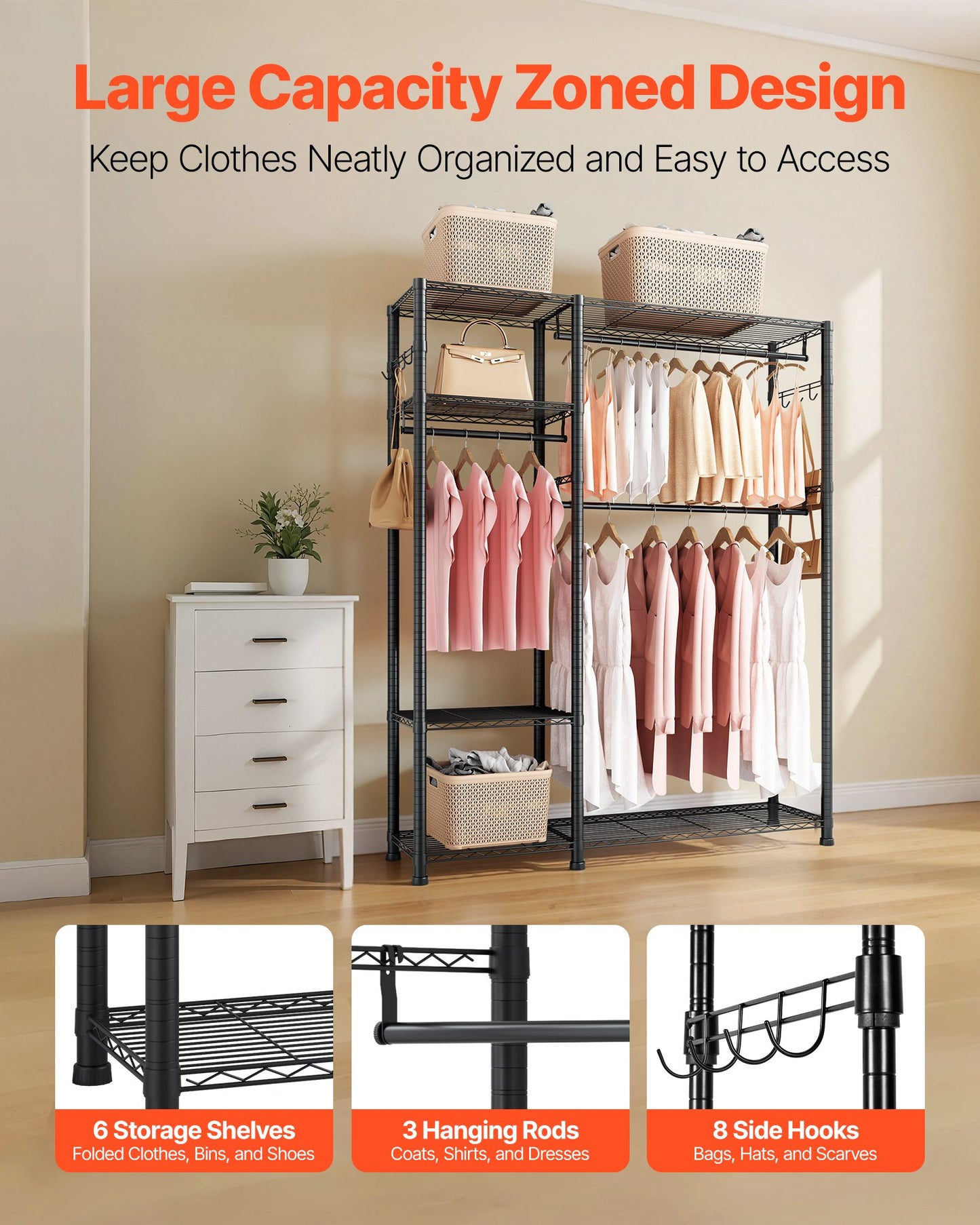 Clothing Garment Rack, Heavy Duty Clothes Rack, 6 Adjustable Tiers Clothes Racks with Steel Frame, 363 kg Load Capacity Closet Wardrobe with 3 Hanging Rods for Bedroom, Clothing Store, Hallway