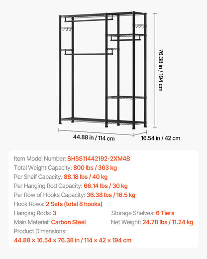Clothing Garment Rack, Heavy Duty Clothes Rack, 6 Adjustable Tiers Clothes Racks with Steel Frame, 363 kg Load Capacity Closet Wardrobe with 3 Hanging Rods for Bedroom, Clothing Store, Hallway