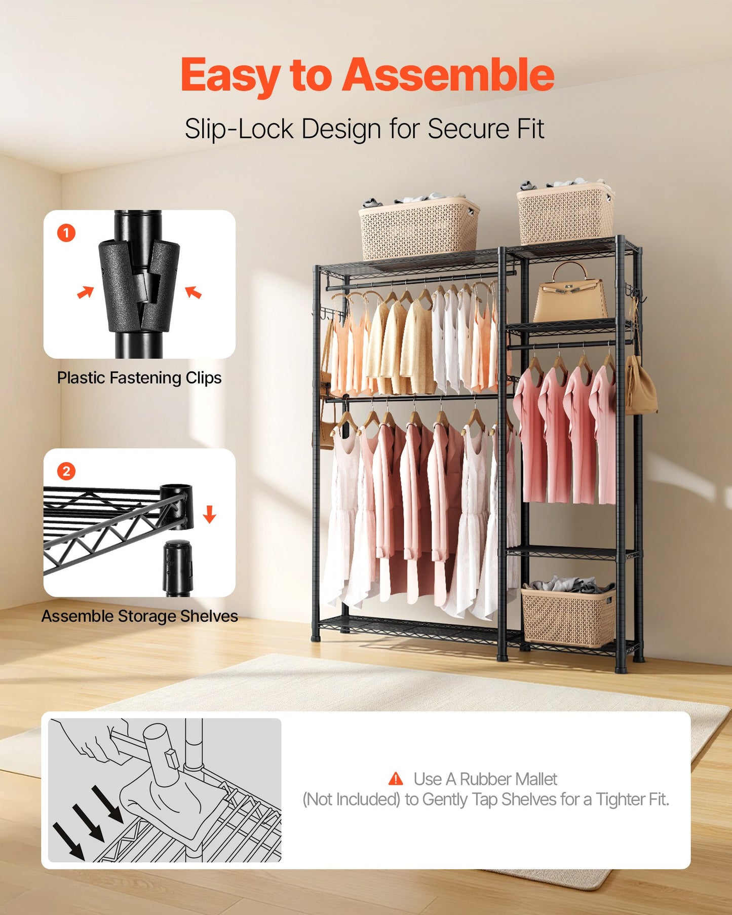 Clothing Garment Rack, Heavy Duty Clothes Rack, 6 Adjustable Tiers Clothes Racks with Steel Frame, 363 kg Load Capacity Closet Wardrobe with 3 Hanging Rods for Bedroom, Clothing Store, Hallway