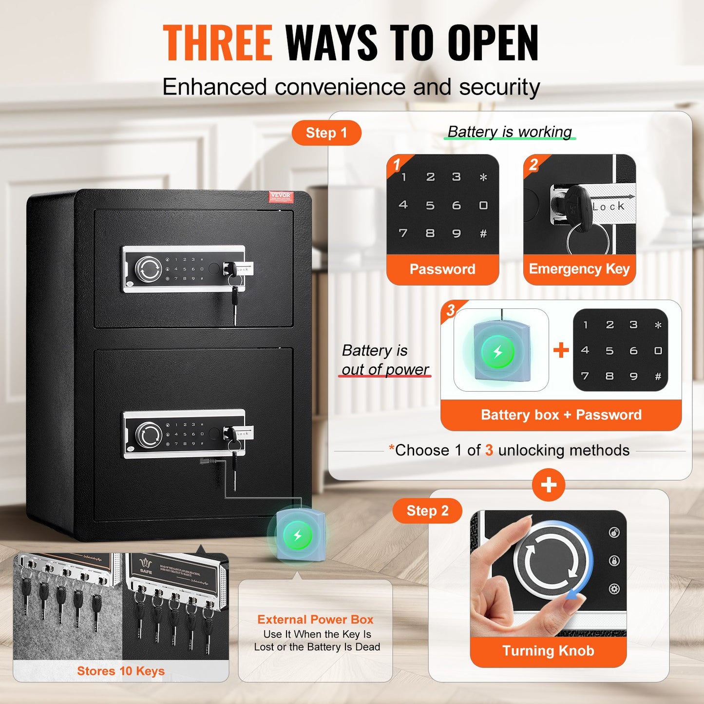 Dubbeldörrars 9,6 kubikfot kassaskåp med nyckellås och lösenord, kassaskåp med brandsäker väska, nyckelhylla, LED-lampa och 2 höjdjusterbara och avtagbara avdelare för pengar, dokument, smycken och värdesaker, svart