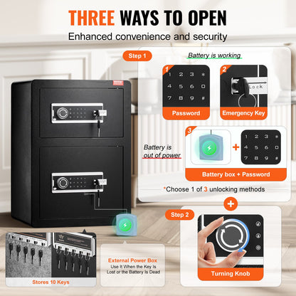 Dubbeldörrars 9,6 kubikfot kassaskåp med nyckellås och lösenord, kassaskåp med brandsäker väska, nyckelhylla, LED-lampa och 2 höjdjusterbara och avtagbara avdelare för pengar, dokument, smycken och värdesaker, svart