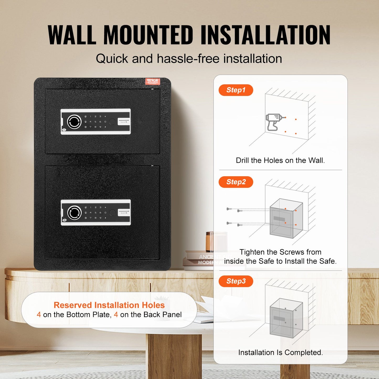 Dubbeldörrars 9,6 kubikfot kassaskåp med nyckellås och lösenord, kassaskåp med brandsäker väska, nyckelhylla, LED-lampa och 2 höjdjusterbara och avtagbara avdelare för pengar, dokument, smycken och värdesaker, svart