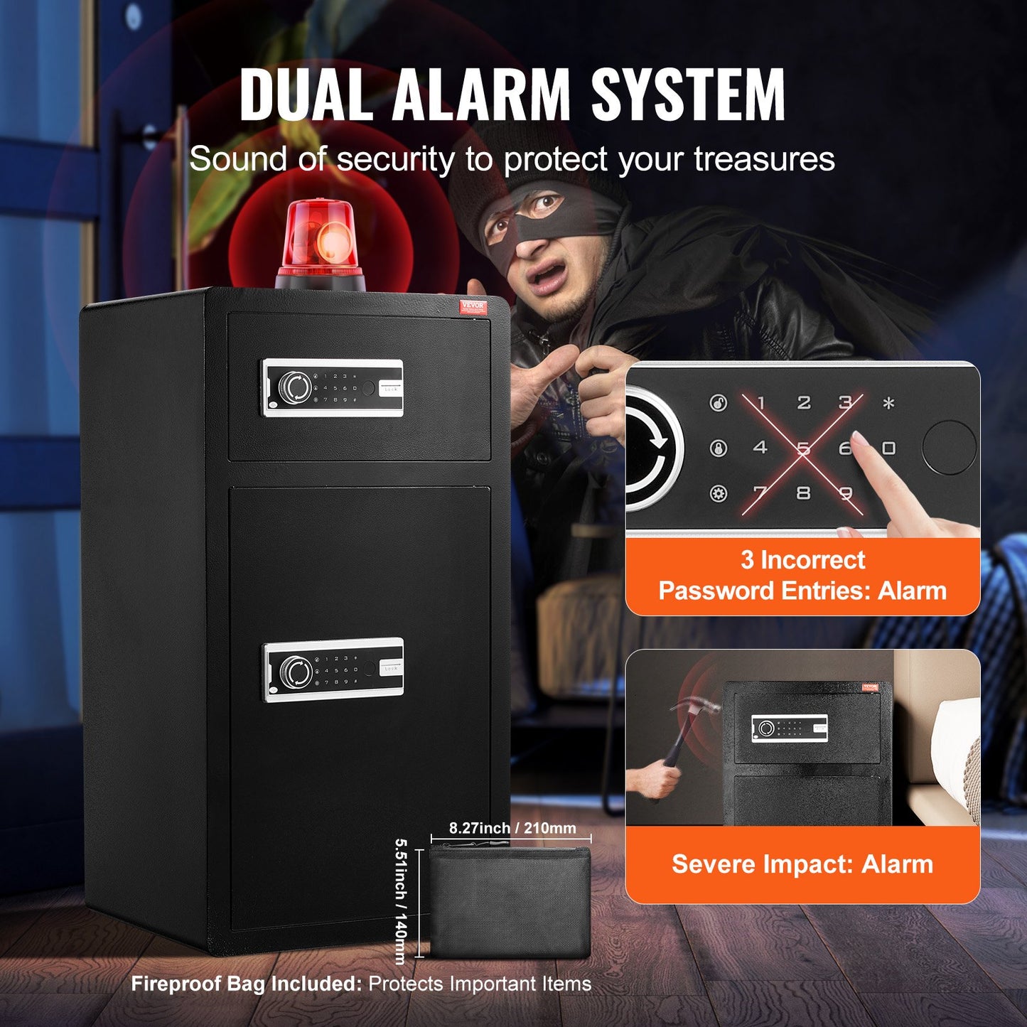 Dubbeldörrars 204 L kassaskåp med nyckellås och lösenord, kassaskåp med brandsäker väska, nyckelhylla, LED-lampa och 2 höjdjusterbara och avtagbara avdelare för pengar, dokument, smycken och värdesaker, svart