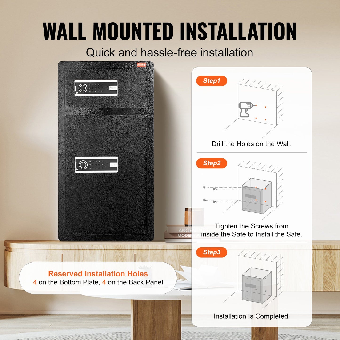 Dubbeldörrars 204 L kassaskåp med nyckellås och lösenord, kassaskåp med brandsäker väska, nyckelhylla, LED-lampa och 2 höjdjusterbara och avtagbara avdelare för pengar, dokument, smycken och värdesaker, svart