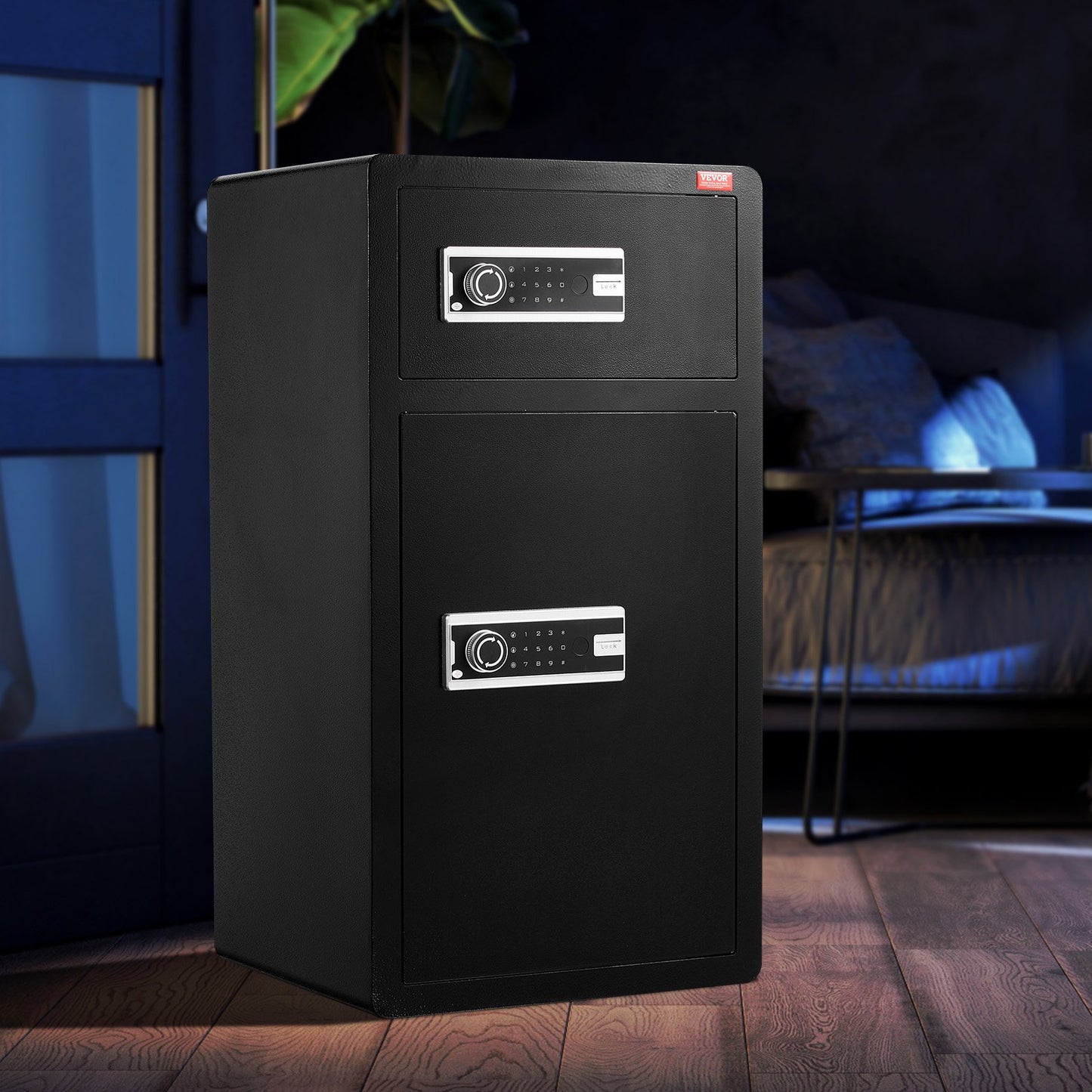 Dubbeldörrars 204 L kassaskåp med nyckellås och lösenord, kassaskåp med brandsäker väska, nyckelhylla, LED-lampa och 2 höjdjusterbara och avtagbara avdelare för pengar, dokument, smycken och värdesaker, svart