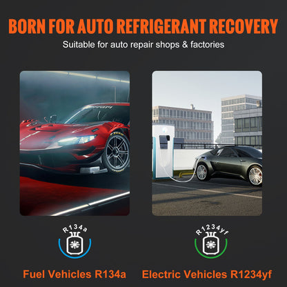 Helautomatisk köldmedieåtervinningsmaskin - Tvåcylindrig AC-återvinningsmaskinsats Inbyggd kompressor/elektronisk våg/filter/återvinningstank, återvinningsmaskin HVAC Endast för R134A+R1234YF