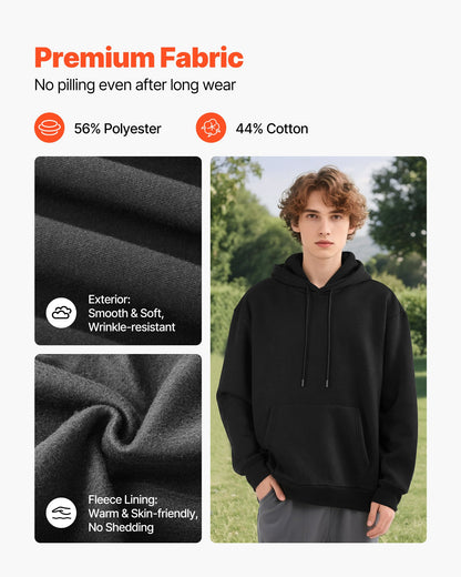 Men Pullover Hoodie, XX-Large Size, Fleece Long Sleeve Comfy Casual Basic Pullover Hooded Sweatshirt, Warm & Skin-friendly, Practical & Trendy, Black Hoodie with Large Pocket for Fall & Winter