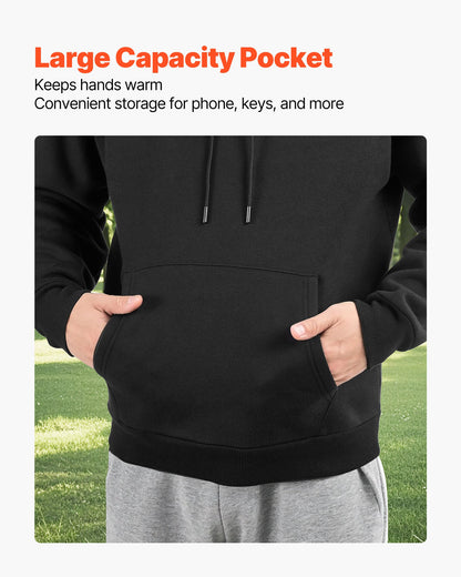 Men Pullover Hoodie, XX-Large Size, Fleece Long Sleeve Comfy Casual Basic Pullover Hooded Sweatshirt, Warm & Skin-friendly, Practical & Trendy, Black Hoodie with Large Pocket for Fall & Winter