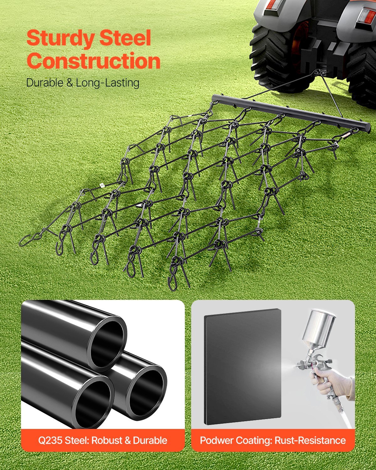 Dragharv, 1,2 m x 1,7 m hållbar kedjeharv med 80 vassa tänder, lämplig för ATV, UTV, traktor, idealisk för jordbearbetning, sådd, jämning av landskap och underhåll av grusuppfarter på gårdsplanen.