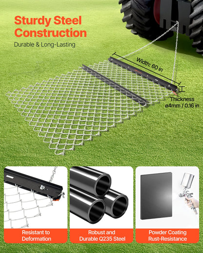 Dragharv, 4 x 5 fot kedjeharv - Tillverkad av Q235-stål, UTV-traktortillbehör för landskapsutjämning eller torvberedning, hållbar harvkratta för grusuppfart, gård, fält, trädgård, svart