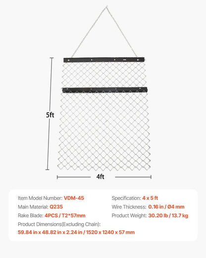 Dragharv, 4 x 5 fot kedjeharv - Tillverkad av Q235-stål, UTV-traktortillbehör för landskapsutjämning eller torvberedning, hållbar harvkratta för grusuppfart, gård, fält, trädgård, svart