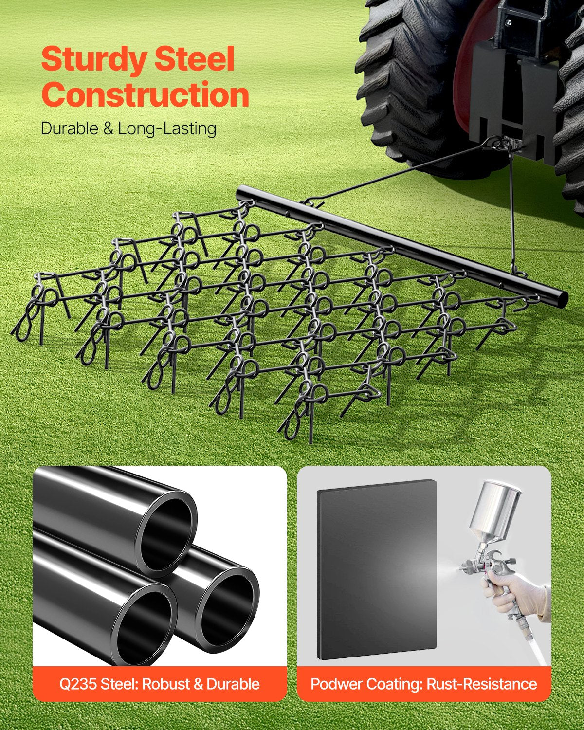 Drag Harrow, 5 x 4.5 ft Durable Chain Harrow with 60 Sharp Teeth, Suitable for ATV UTV Tractor, Ideal for Soil Preparation, Seeding, Smoothing Landscapes, and Yard Gravel Driveway Maintenance