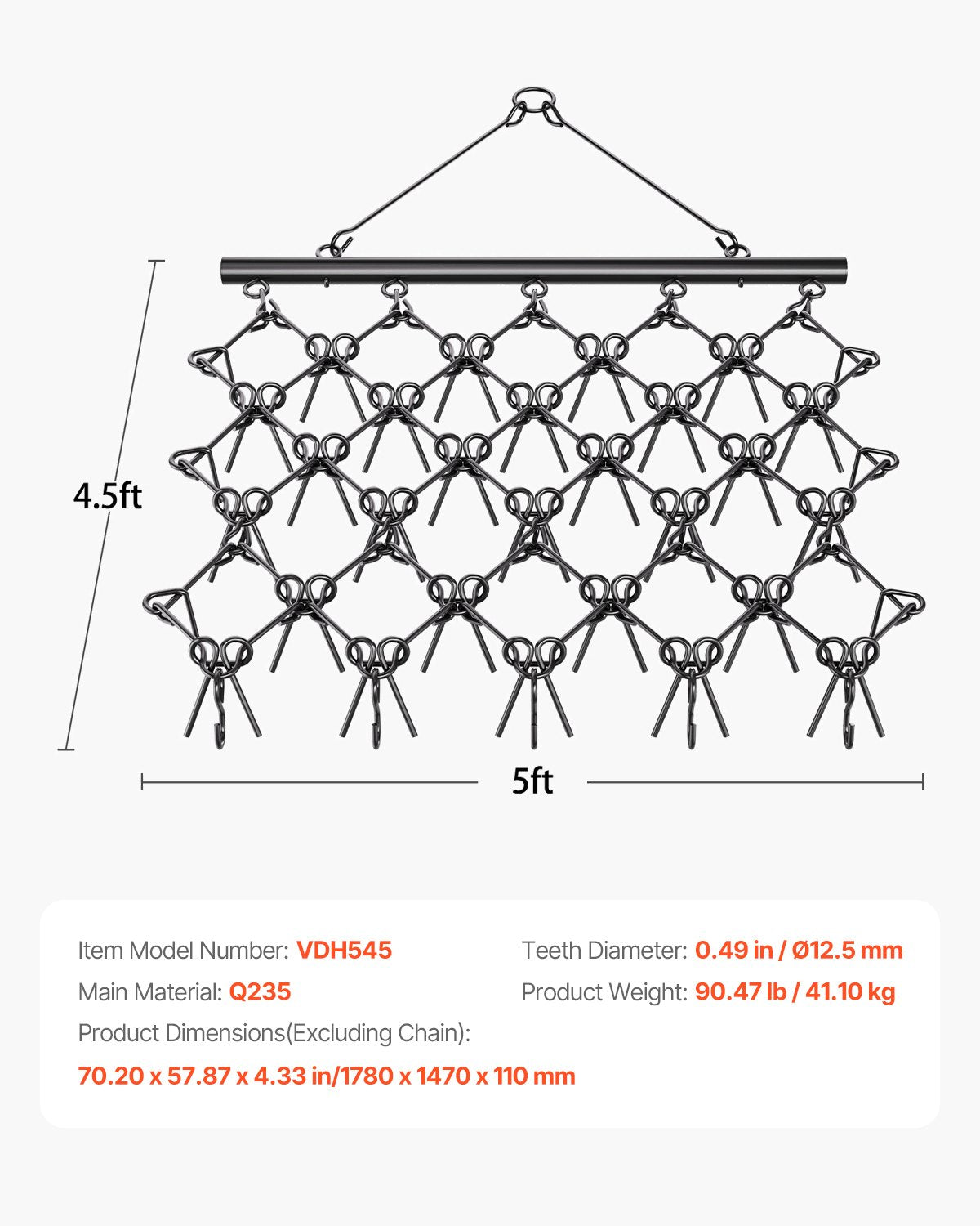 Drag Harrow, 5 x 4.5 ft Durable Chain Harrow with 60 Sharp Teeth, Suitable for ATV UTV Tractor, Ideal for Soil Preparation, Seeding, Smoothing Landscapes, and Yard Gravel Driveway Maintenance