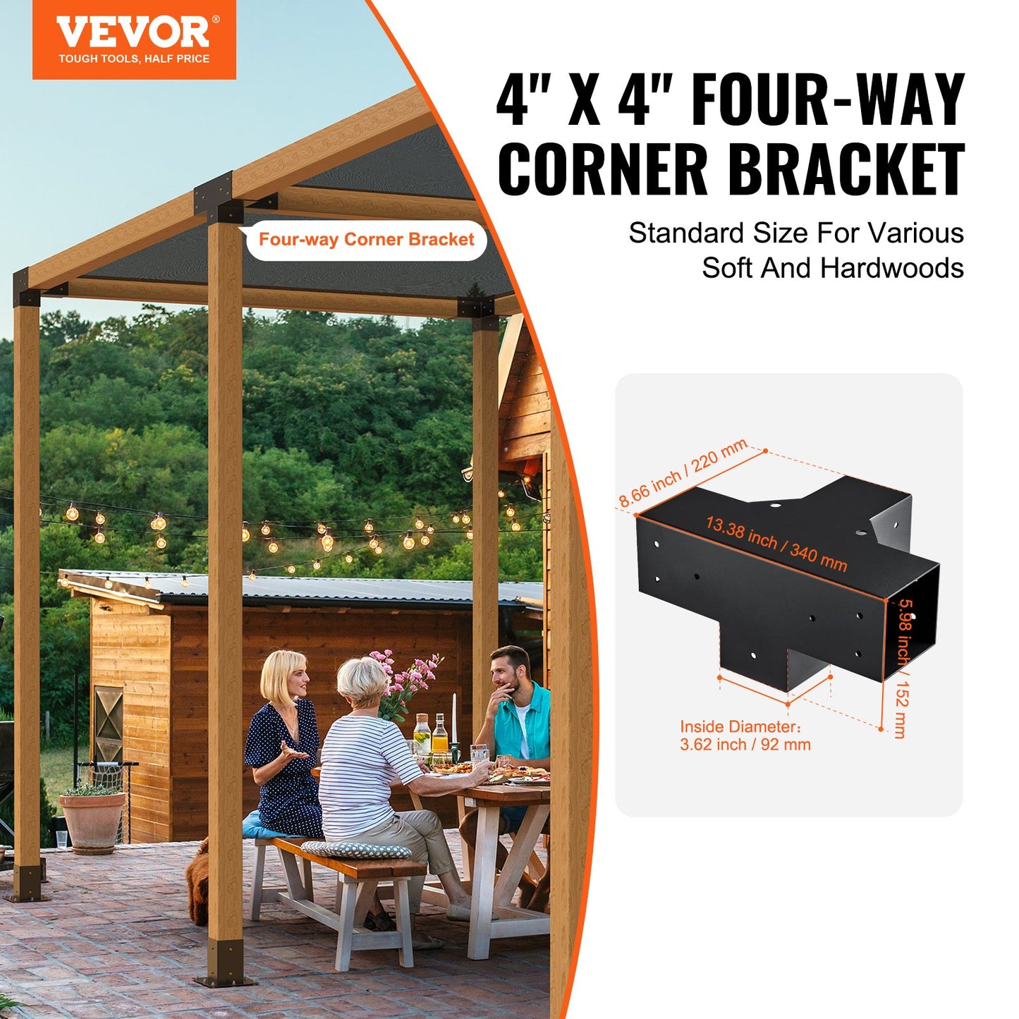 Pergola Bracket Kit 10.2 cm x 10.2 cm, Inner Size 9.1 cm x 9.1 cm 2pcs 4-Way Heavy Duty Corner Bracket Woodworks DIY Post Base Kit, Easy Installation Wooden Beams for Gazebos, Patio Pergolas, Log Cabin Outdoor Pergola Hardware