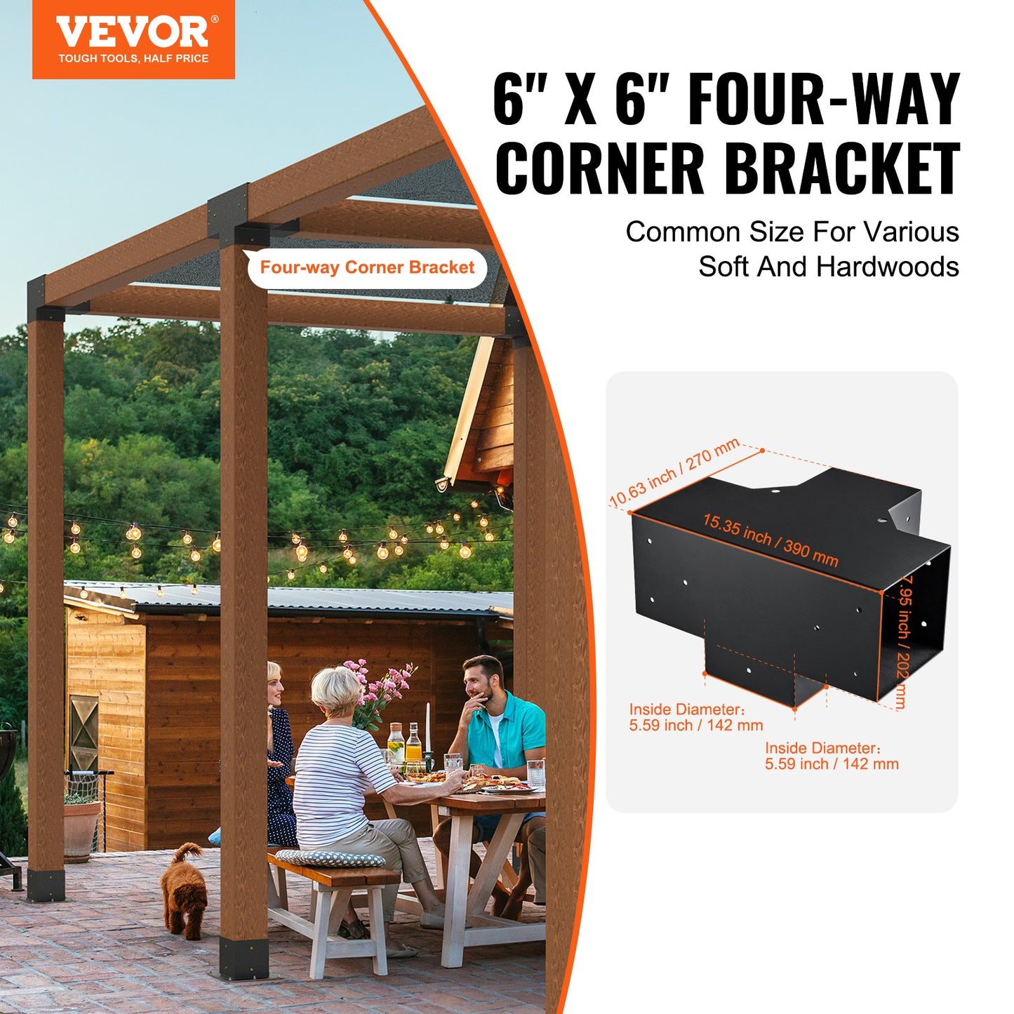 Pergola Bracket Kit 6''x6''(Inner Size 5.6x5.6), 2pcs 4-Way Heavy Duty Corner Bracket Woodworks DIY Post Base Kit, Easy Installation Wooden Beams for Gazebos, Patio Pergolas, Log Cabin Outdoor