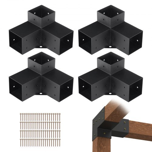 Pergola Bracket Kit 10.2 cm x 10.2 cm, Inner Size 9.1 cm x 9.1 cm 4pcs 3-Way Heavy Duty Corner Bracket Woodworks DIY Post Base Kit, Easy Installation Wooden Beams for Gazebos, Patio Pergolas, Log Cabin Outdoor Pergola Hardware