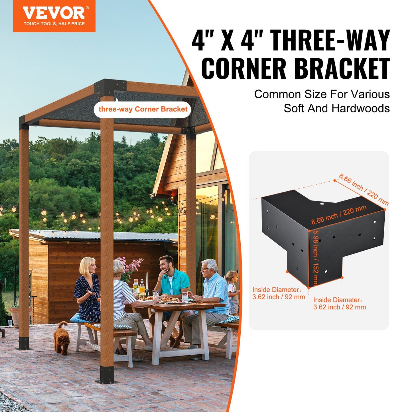 Pergola Bracket Kit 10.2 cm x 10.2 cm, Inner Size 9.1 cm x 9.1 cm 4pcs 3-Way Heavy Duty Corner Bracket Woodworks DIY Post Base Kit, Easy Installation Wooden Beams for Gazebos, Patio Pergolas, Log Cabin Outdoor Pergola Hardware
