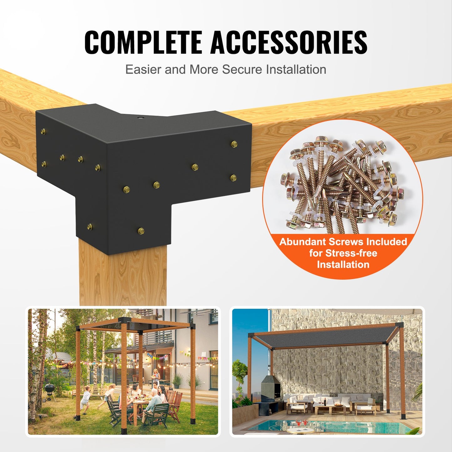 Pergola Bracket Kit 10.2 cm x 10.2 cm, Inner Size 9.1 cm x 9.1 cm 4pcs 3-Way Heavy Duty Corner Bracket Woodworks DIY Post Base Kit, Easy Installation Wooden Beams for Gazebos, Patio Pergolas, Log Cabin Outdoor Pergola Hardware