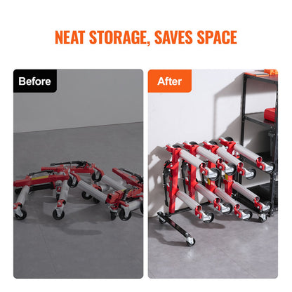 Bilvagnsställ, förvaringsställ med 360° roterbara hjul, hydraulisk spärrhake, organisatör för domkraftsställ, förvaringsställ för pallbockar, kapacitet för 4 pallar, kompatibel med de flesta pallar