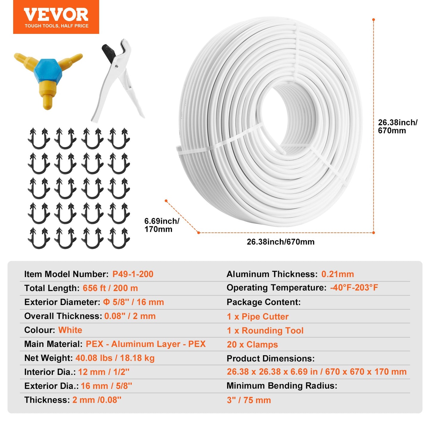 PEX-AL-PEX Tube, 200 m, 16 mm Diameter Aluminum-Plastic Composite Pipe Oxygen Barrier Radiant Floor PEX Pipe, 2 mm Thickness Radiant Heat Floor Plumbing Inner Aluminum Layer PEX Tubing Pipe