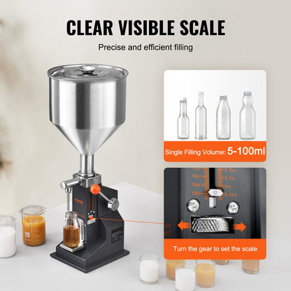 Manual Paste Liquid Filling Machine, 5-100ml Bottle Filler, Adjustable Bottle Filling Machine, Stainless Steel Liquid Filler with Hopper for Milk Water Juice Essential Oil Shampoo Cosmetic Honey