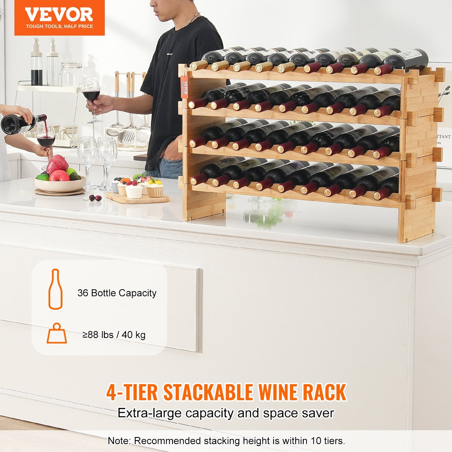 36 Bottle Stackable Modular Wine Rack, 4-Tier Solid Bamboo Wood Storage Racks, Floor Freestanding Wines Holder Display Shelf, Wobble-Free Shelves for Kitchen, Bar, and Cellar (Natural Color)