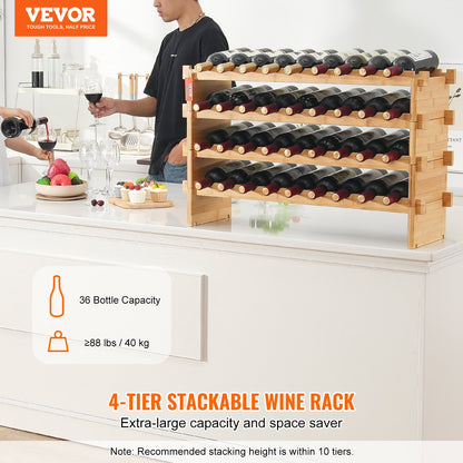 36 Bottle Stackable Modular Wine Rack, 4-Tier Solid Bamboo Wood Storage Racks, Floor Freestanding Wines Holder Display Shelf, Wobble-Free Shelves for Kitchen, Bar, and Cellar (Natural Color)