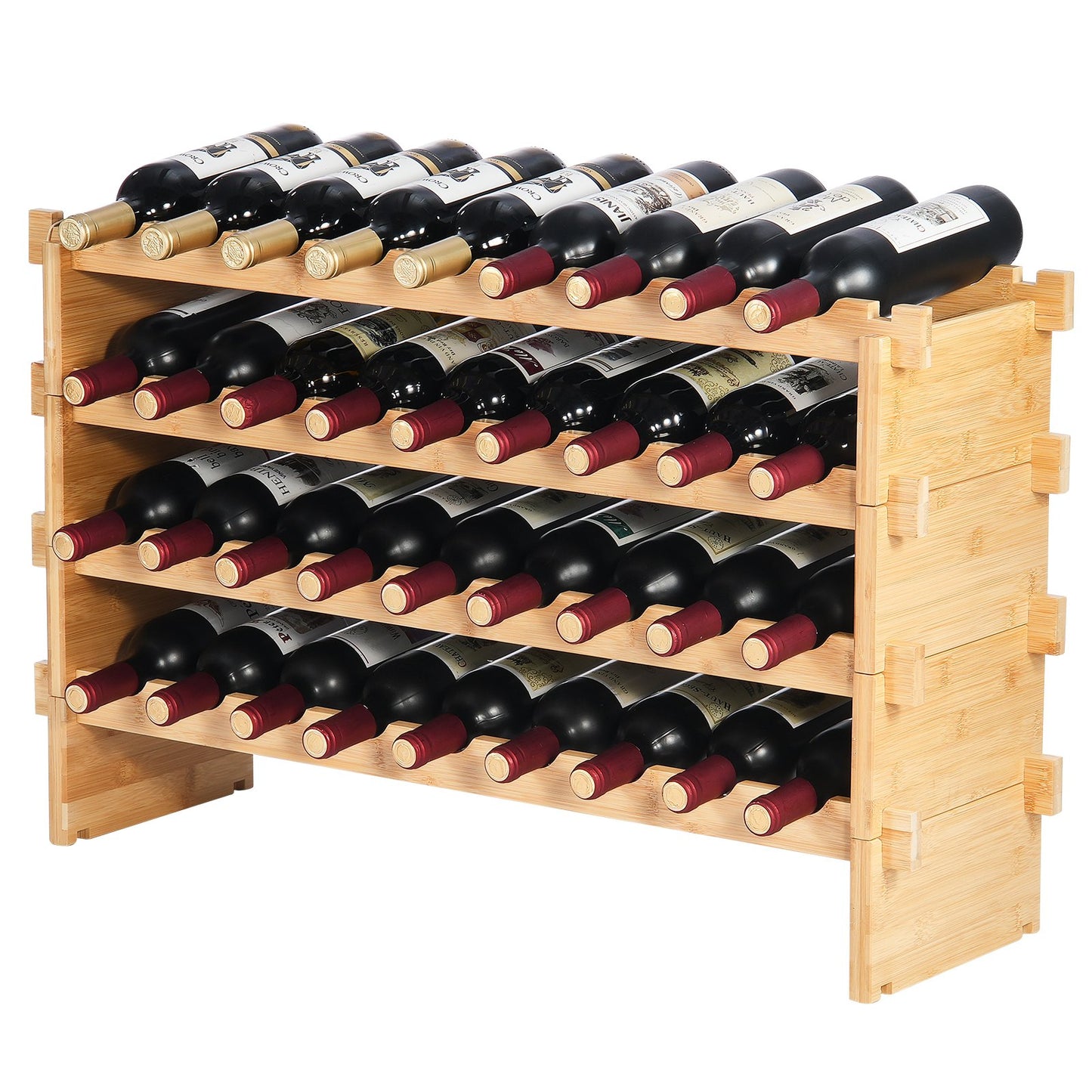 36 Bottle Stackable Modular Wine Rack, 4-Tier Solid Bamboo Wood Storage Racks, Floor Freestanding Wines Holder Display Shelf, Wobble-Free Shelves for Kitchen, Bar, and Cellar (Natural Color)
